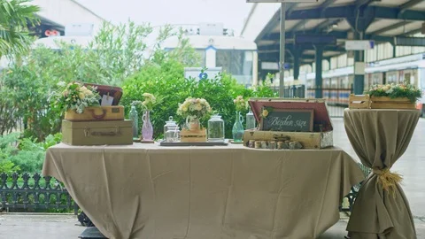 Boxes and flowers as wedding decorations.  Stock Footage 90976048