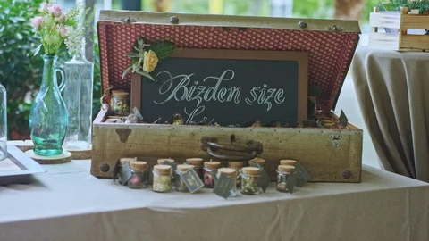 Boxes and flowers as wedding decorations.  Stock Footage 90976380