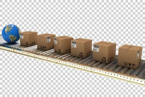 Boxes and globe on 3D conveyor belt Stock Photos