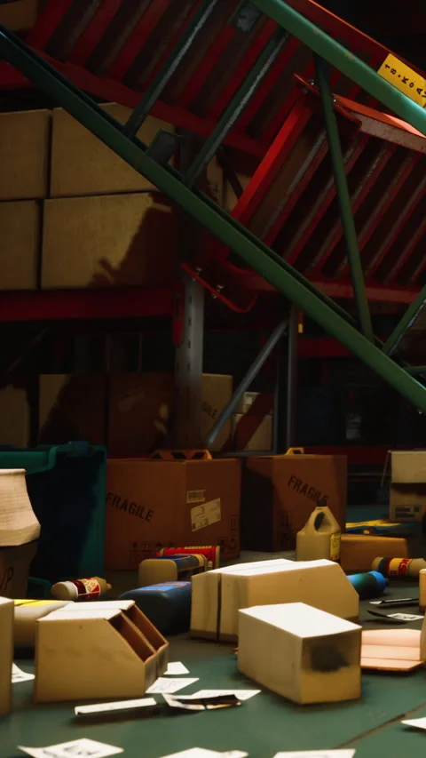 Boxes and items stacked in a warehouse during the daytime hours Stock Footage 338417651