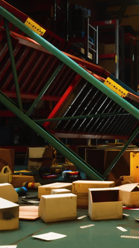 Boxes and packages scattered in a warehouse with storage racks Stock Footage 338419230