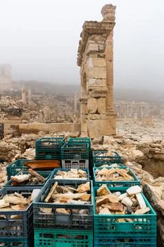 Boxes with architectural elements on ruins of Sagalassos, Turkey Stockfoto's