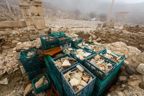 Boxes with architectural elements on ruins of Sagalassos, Turkey Stock Photos