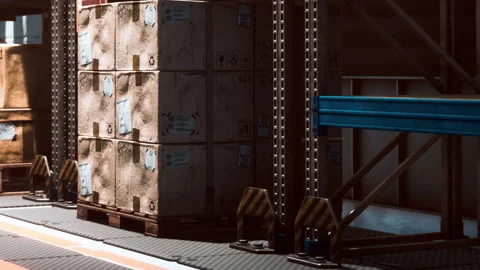 Boxes are stacked on wooden pallets in a warehouse setting Stock Footage 342807272