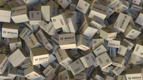 Boxes with BOSCH logo. Editorial 3D rendering Stock Illustration