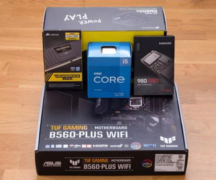 Boxes with a brand new components in them for building a new PC. Stock Photos
