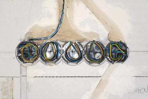 Boxes with cables for electric sockets installed in new house building empt.. Stock Photos