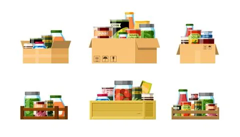 Boxes with canned food set. Packaged rations with necessary products for long Stock Illustration