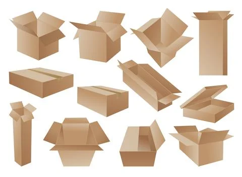 Boxes. Cardboard box mockup set. Mail containers in various shapes. Collection Illustration