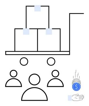 Boxes on a cart linked to team members, symbolizing product flow. Coin stack  イラスト素材