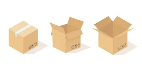 Boxes carton. Opened and closed cardboard box, beige delivery packaging angle Illustrazione stock