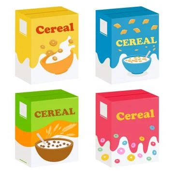 Boxes of cereal packaging in different flavors. Vector illustration Stock Illustration
