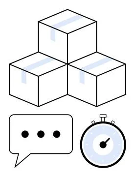 Boxes, Chat Bubble, and Stopwatch Representing Efficiency, Communication, a.. Stock Illustration