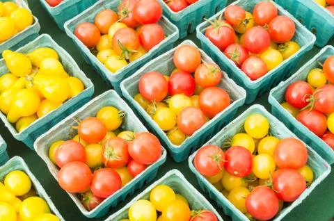 Boxes of cherry tomatoes on display Stock Photos
