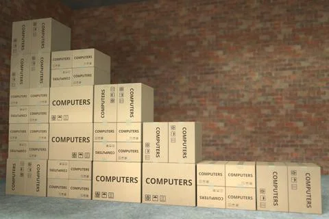Boxes with computers form a declining bar chart. Crisis related conceptual 3D 库存插图