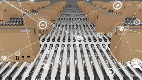 Boxes on conveyor belts with network connections and logistics animation Stock Footage 303792874