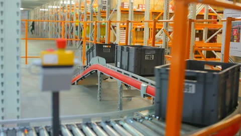 Boxes on the conveyor. Conveyor of the logistics center. Stock Footage 90460634