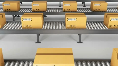 Boxes on conveyor roller. 3D Rendering animation Stock Footage 94356833