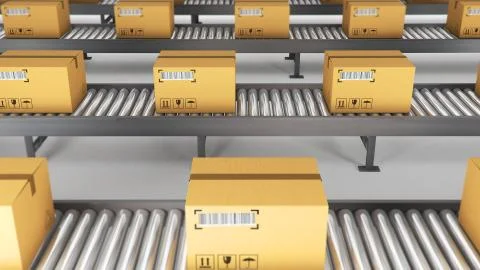 Boxes on conveyor roller. 3D Rendering Stock Illustration