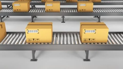 Boxes on conveyor roller. 3D Rendering Stock Illustration