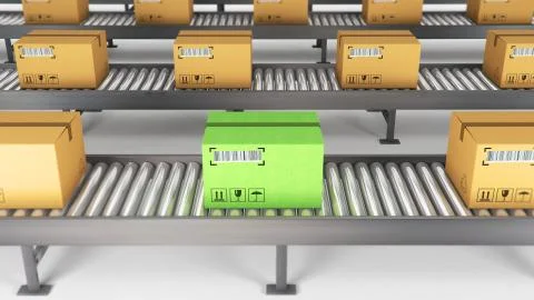 Boxes on conveyor roller. 3D Rendering Stock Illustration