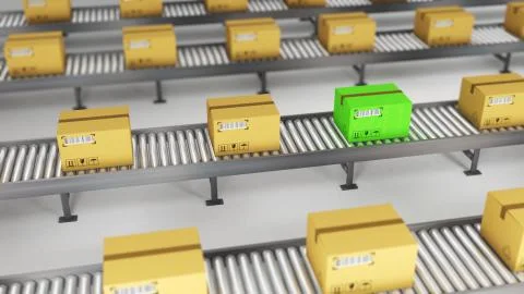 Boxes on conveyor roller. 3D Rendering Stock Illustration