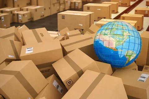 Boxes on conveyor roller. 3D Rendering Photos