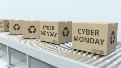 Boxes with CYBER MONDAY text move on roller conveyor. 3D rendering Illustration