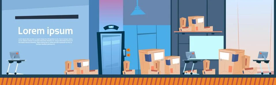 Boxes Delivery Package Post Service Warehouse Interior Banner Copy Space Illustrazione stock