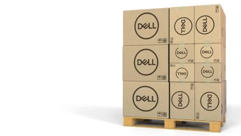 Boxes with Dell logo on pallet. Editorial 3D rendering Stockillustratie