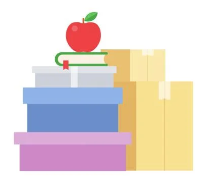 Boxes of different colors, sizes, on them book, red apple Drone delivery vector Stock Illustration