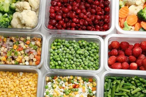 Boxes with different products as background, above view Foto stock