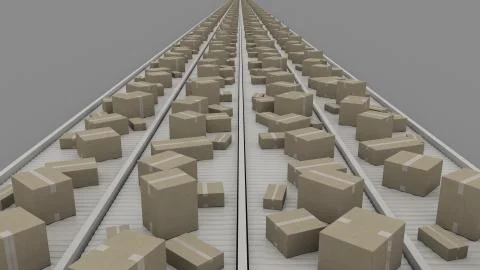 Boxes of different size on conveyers, symmetric perspective view. CGI Stock Illustration