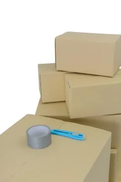 Boxes in different sizes stacked boxes, Adhesive tape and Cutter isolated on Stock Photos