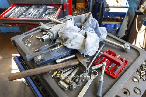 Boxes with Different Work Tool For a Workshop For Car in a Sunny Day in Stock Photos