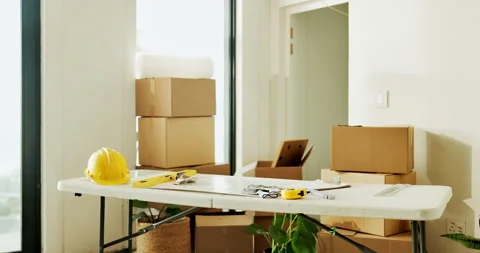 Boxes, diy and tools on table in home for improvement, maintenance or renovation Stock Footage 336775821