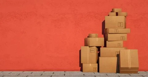 Boxes in earth resting on an orange wall Stock Illustration