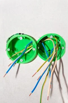 Boxes for electrical outlets with wires. Carrying out electrical wiring and i Stock Photos