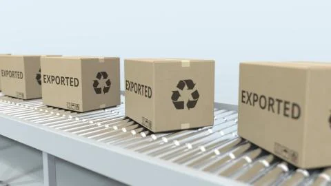 Boxes with EXPORTED text on roller conveyor. 3D rendering Stock Illustration