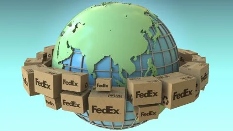 Boxes with FedEx logo around the world, Asia emphasized. Conceptual editorial 3D Stock Illustration