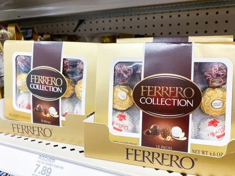 Boxes of Ferrero Collection assorted chocolates displayed on a store shelf .. Stock Photos