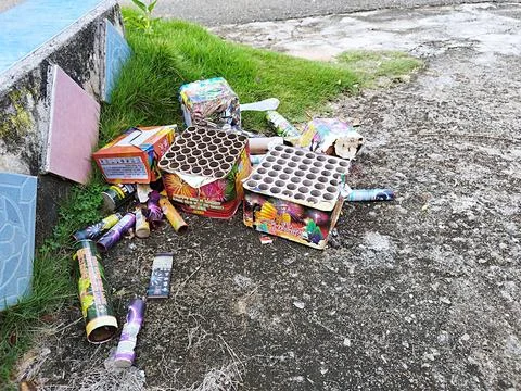 Boxes of fireworks left littered Stock Photos