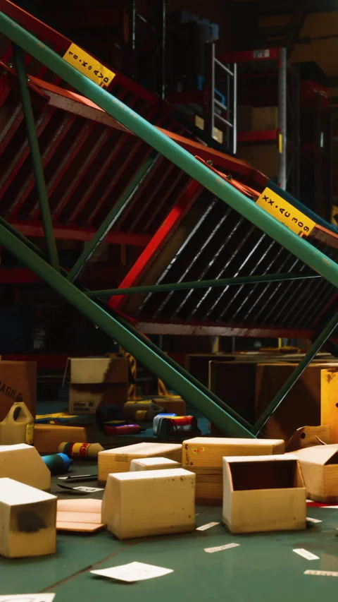 Boxes on a floor near steps in a warehouse during daylight hours Stock Footage 337926961