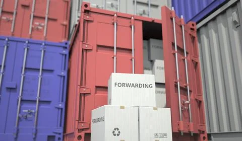 Boxes with Forwarding text and cargo containers. Logistics related conceptual 3D Stock Illustration