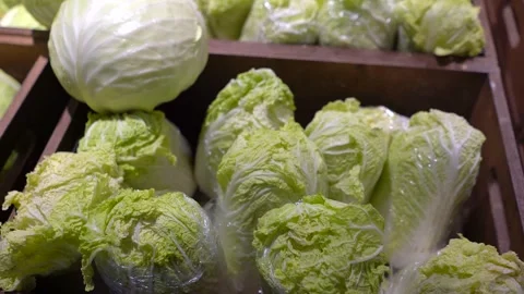Boxes of fresh green cabbage displayed on a store counter Stock Footage 323147358
