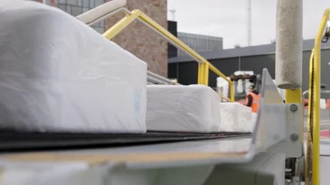 Boxes with frozen fish rolling on conveyor belt loading into airplane Stock Footage 224378186