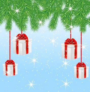 Boxes with gifts hang on the branches of tree,  vector  illustration Stock Illustration