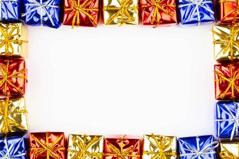 Boxes with gifts on a white background with copy space for text. Greeting card Stock Photos