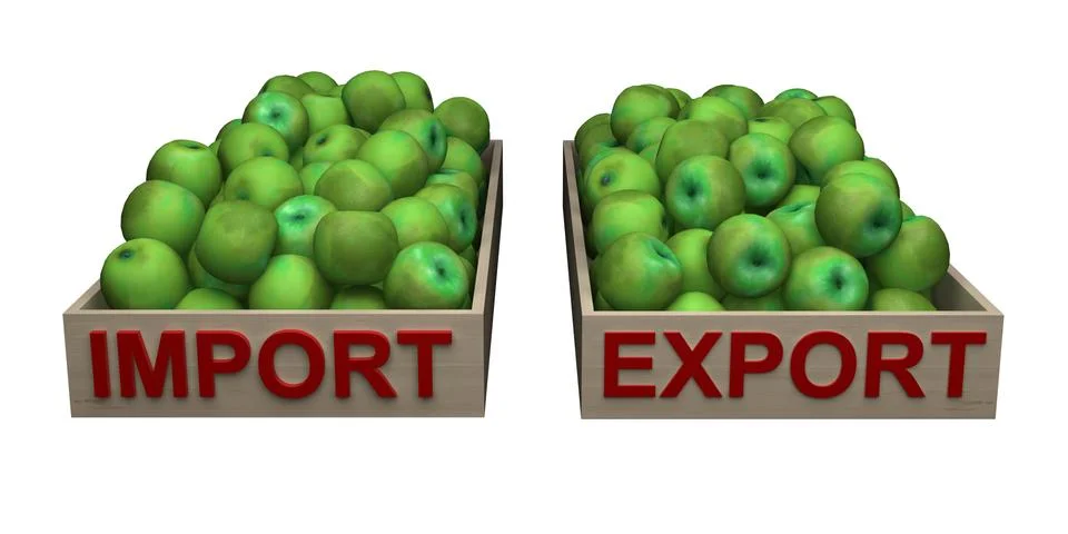 Boxes with green apples with text import export Stock Illustration