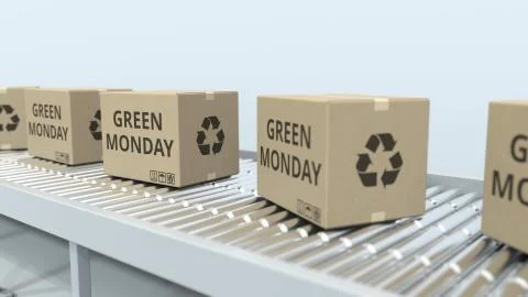 Boxes with GREEN MONDAY text move on roller conveyor. 3D rendering イラスト素材
